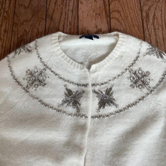 Women's Lambswool & Angora Blend Cardigan Sweater w/ Snowflake Beadwork Design - Picture 2 of 4